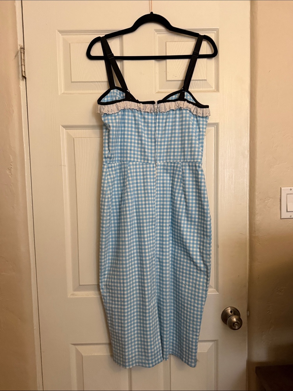 Vixen by Micheline Pitt Bardot Light Blue Gingham Midi Dress with Black Trim - Picture 5 of 5